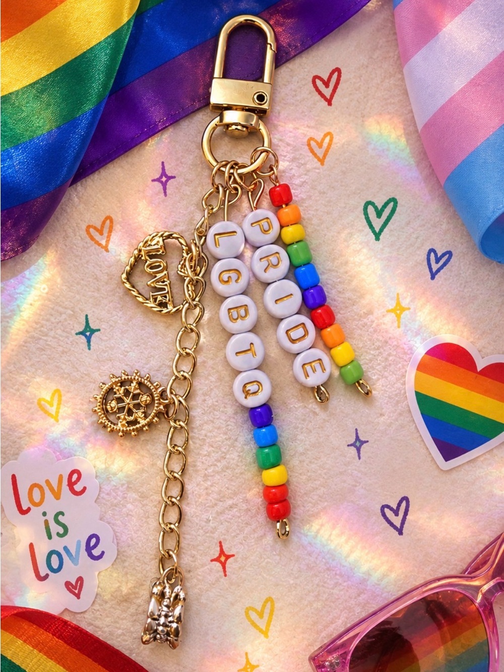 Gold-Tone Rainbow PRIDE Beaded Keychain Charm